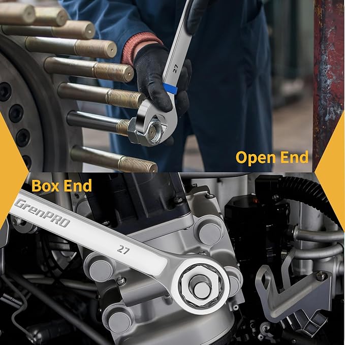 GRENPRO Metric Wrench Set, Large Wrench Set Metric and Standard, 7PC 23mm, 24mm, 26mm, 27mm, 30mm, 32mm Long Open End Wrench Tool Roll Up Pouch with Gauge, Combination Wrenches Sets with Color Ring
