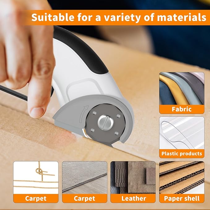 Cordless Electric Scissors Rechargeable with 2-Blade & Storage Bag, Powerful Rotary Cardboard Box Cutter 3.7V 2000mAh for Cloth Carpet Plastic Leather, Charging Cable(White)