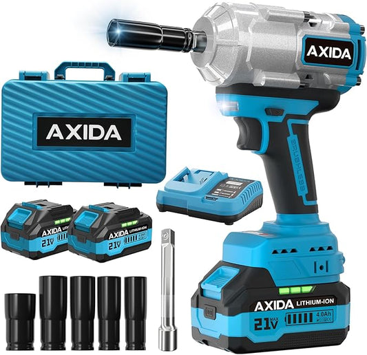Cordless Impact Wrench 1/2 Inch, 1500N·m(1107ft・lbs) Brushless High Torque Impact Gun, 21V Impact Driver with 2x 4.0Ah Batteries, Charger & 5 Sockets, Variable Speeds for Car/Truck RV/Mower