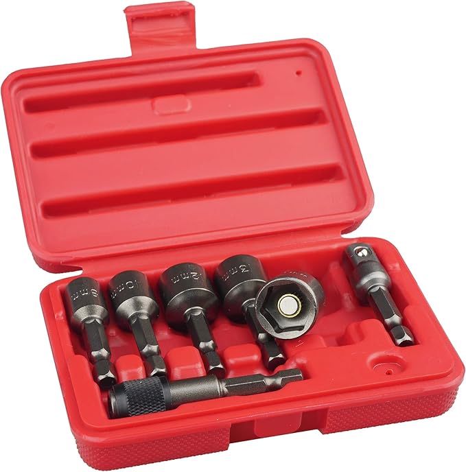 K452 Magnetic Power Nut Driver Bit Set with Socket Adapter and Extension, Quick-Change 1/4-Inch Hex Shank, Metric, 7-Piece