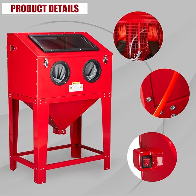 90 Gallon Sandblasting Cabinet,40-80PSI Sand Blasting Cabinet with Glass Viewing Windows/LED Light, Heavy Duty Sand Blaster with 4 Nozzles & Blasting Gun for Paint, Rust Removal Red
