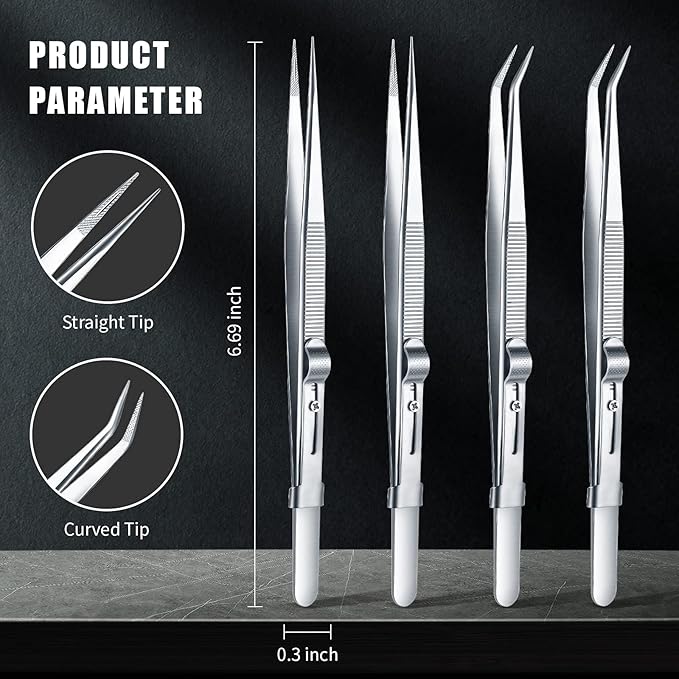 4 Pieces Precision Soldering Tweezer ESD Industrial Electronic Tweezers Tool Set Include Fine Point Tip Straight Tweezer and Locking Curved Tip Precision Tweezer for Jewelry Makeing Craft