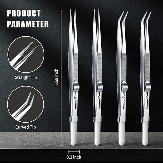 4 Pieces Precision Soldering Tweezer ESD Industrial Electronic Tweezers Tool Set Include Fine Point Tip Straight Tweezer and Locking Curved Tip Precision Tweezer for Jewelry Makeing Craft