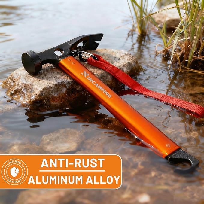Tent Hammer Heavy Duty Aluminum 12" Camping Hammer with Opener,Tent Stakes Mallet for Camping,Hiking,DIY,Party Orange