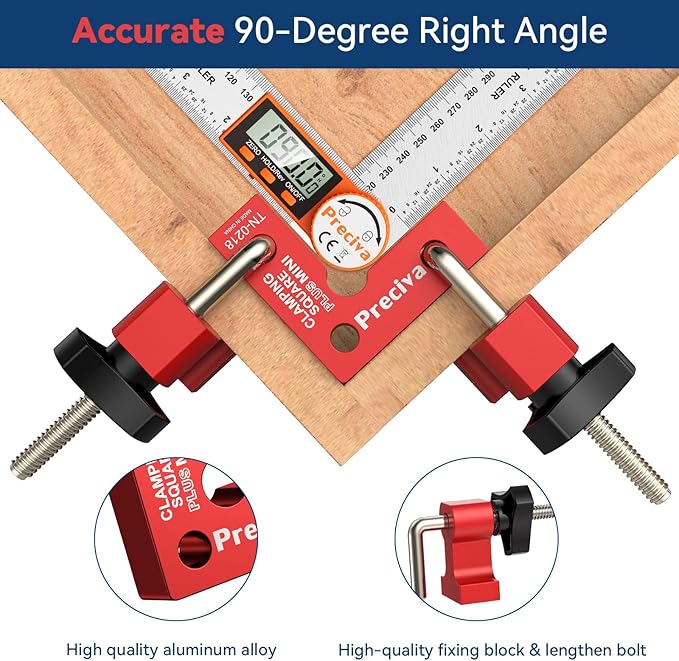 Preciva 90 Degree Mini Positioning Squares 2 Sets (2.32''x 2.32''), Aluminum Alloy Right Angle Clamps Fixing Clamp, Carpenter Corner Clamping Square Tool for Picture Frame Box Cabinets Drawers (Red)