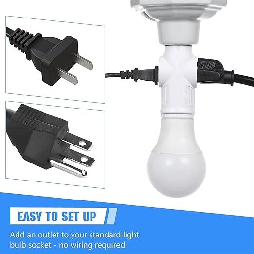 Feekoon 3 Pcs Light Socket to Plug Adapter, Convert E26 Light Socket to 3 Prong Outlet Adapter, Screw in Outlet for Lamp Sockets for Garage Porch (White)