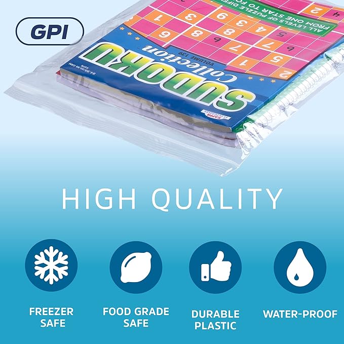 GPI - 12" x 18" Zip Bags, 200 Count, Clear Plastic Reclosable Zipper Poly Baggies, with Resealable Zip Top Lock. for Freezer, Apparel, Clothing, Food, Home & Office Supplies.