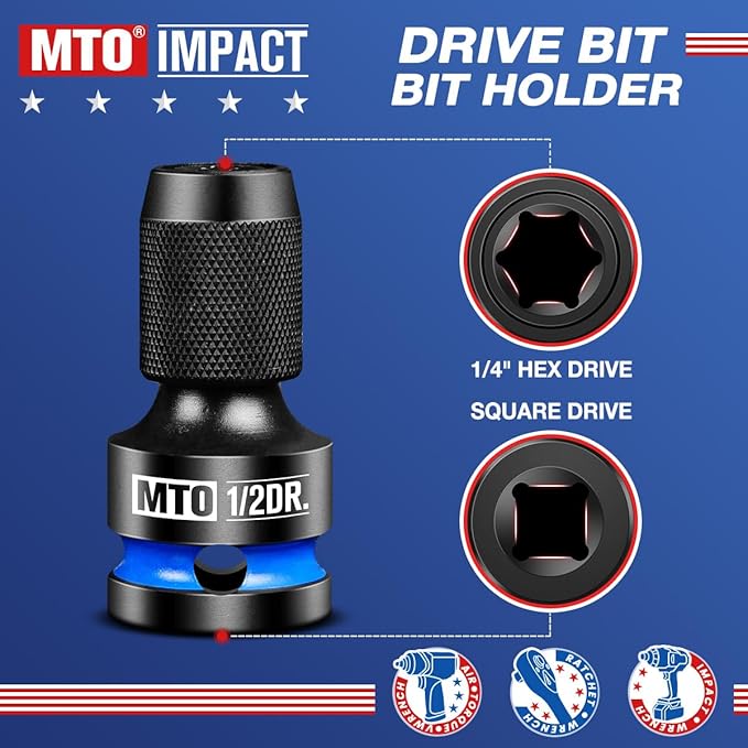 MTO 1/2 3/8 1/4-Inch Square Drive to 1/4-Inch Hex Socket Adapter, 3PCS Quick Release Impact Bit Holder, for Impact Wrench Ratchet, CR-MO