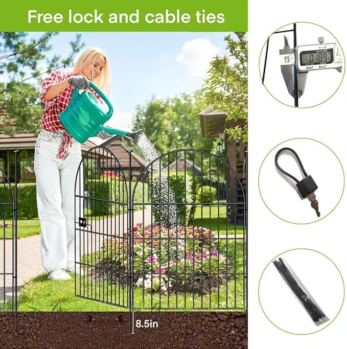 ADAVIN Garden Fence Animal Barrier with Gate 40 in(H)횞26.2 Ft(L) 12 Panels,Rustproof Metal Wire Tall Fencing Border for Dogs Rabbits,Outdoor no dig pet Fences,Black Flower Edging for Yard,Arched