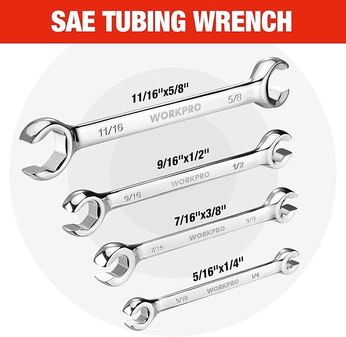 WORKPRO 4-Piece Flare Nut Wrench Set, SAE Brake Line Wrenches, 1/4", 5/16", 3/8", 7/16", 1/2", 9/16", 5/8", 11/16", Cr-V Steel, 15째 Offset Head Tubing Wrench, Organizer Pouch Included