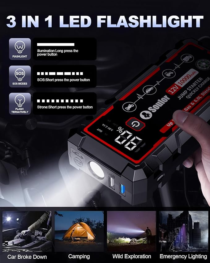 9 in 1 Jump Starter, 12V Jump Box Car Battery Jumper Starter Portable with 14 in 1 Protection Jumper Cables, LED Lights, LCD Display, Insulated Gloves