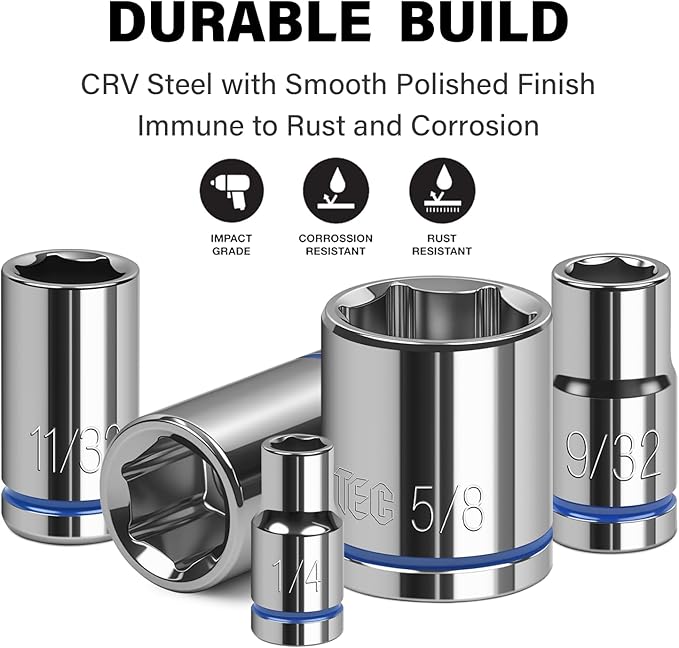 1/4" Drive SAE Master Socket Set, 13-Piece Shallow Hex Socket Set (1/8" - 5/8"), Cover Most Commonly Sizes, 6 Point, Chrome Vanadium Steel with Molded Case
