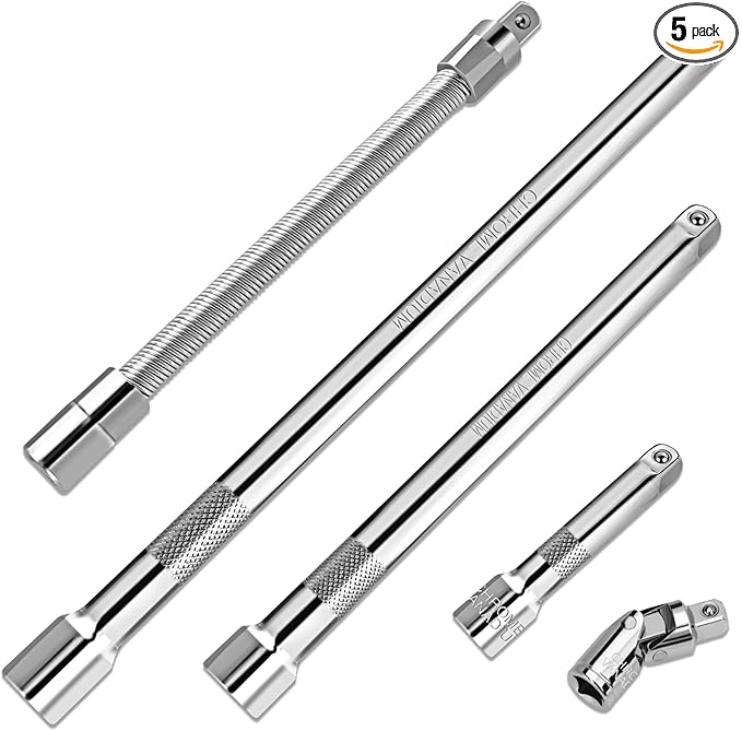 5-Piece 3/8 Inch Drive Extension Bar Set, Includes 3, 6, and 10 Inch Extensions, 3/8 Inch Drive Universal Joint Socket and Flexible Socket Extension Bar