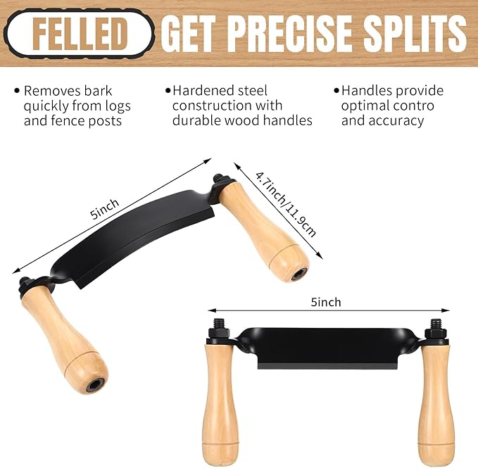 WILLBOND 2 Pcs 5 Inch Draw Shave Knife Set Draw Shave Knife Straight and Curved Woodworking Debarking Hand Tool Wood Razor Shaving Wood Barking Tool for Men(Straight, Curved)