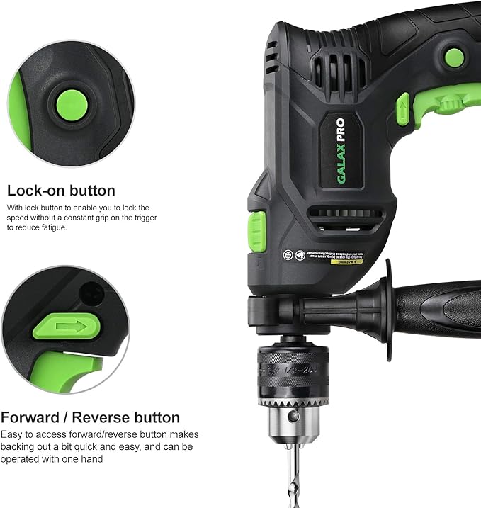 GALAX PRO 5Amp 1/2-inch Hammer Drill with 105pcs Accessories, Variable Speed 0-3000, Hammer and Drill 2 Functions in 1, 360째Rotating Handle, Depth Gauge, Carrying Case Included