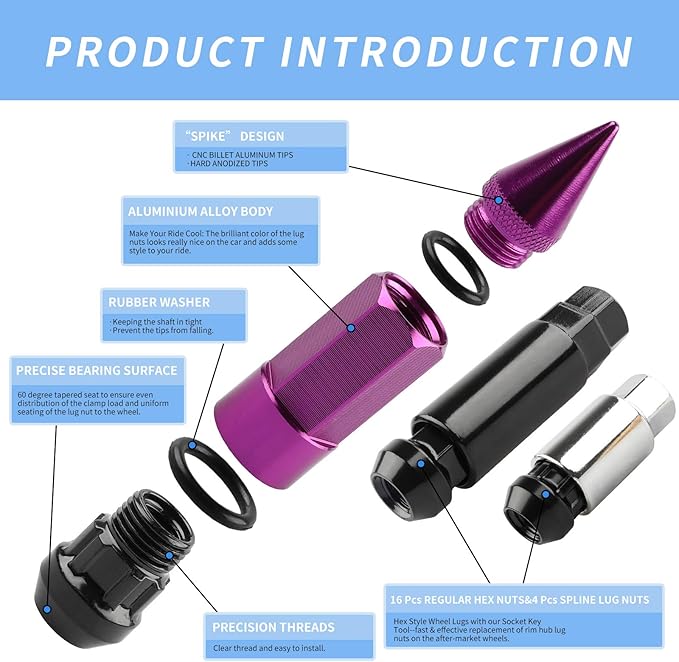 20Pcs Anti Theft Spiked Extended Tuner Wheel/Rims Lug Nuts M12X1.5+Socket (Purple)