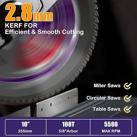 10" 100T Aluminum Circular Saw Blade, Table Miter Saw Blade with Tungsten Carbide Tipped, Cutting Blade for Non-Ferrous Metal, Copper, Polycarbonate, Drywall, MDF, Plastic, 5/8" 1PC
