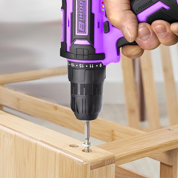 Purple 12V Cordless Drill,Electric Power Driver Kit,3/8-Inch Keyless Chuck, Variable Speed,with Drills Bits Set for Home DIY