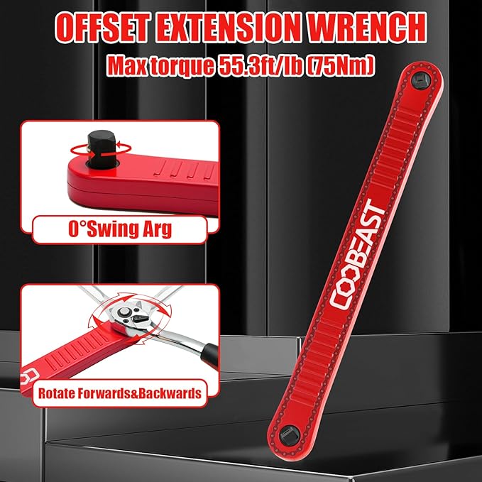 Red Offset Extension Wrench Impact Ready Socket Wrench Extender Tool with Versatile 1/4", 3/8", and 1/2" Square Drive Adapters, Universal Extensions Wrench for Small Place