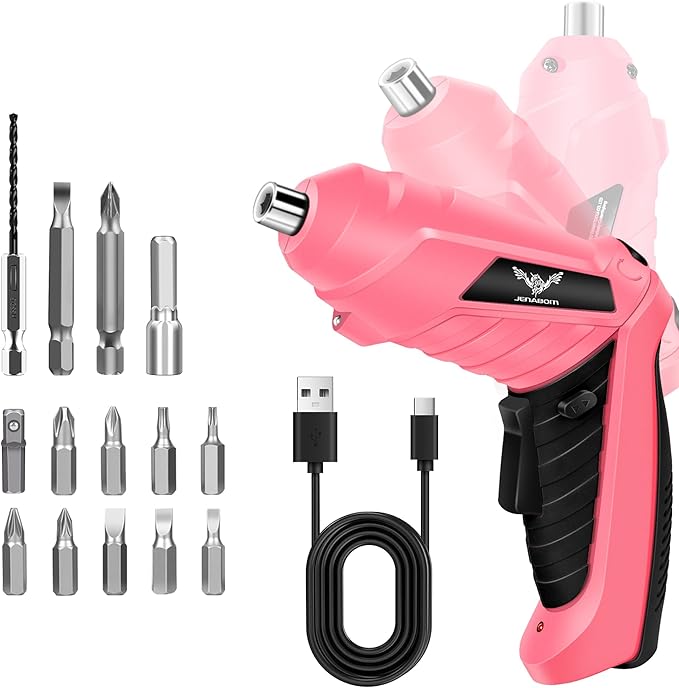 Cordless Electric Screwdriver Set 3.6V Rechargeable Small Power Drill, 3Nm Screw Gun with 2 Position Handle, LED Light, 14 in 1 Driver Bit Set, Pink & Black
