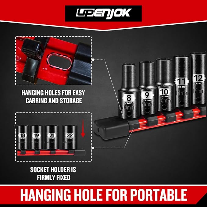 14-Piece 3/8" Drive Semi-Deep Impact socket set, Metric Size (8-22mm) 6-Point Socket Set, CR-MO Steel for Automotive & Industrial