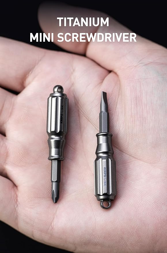 KEEPO LINK Small Screwdriver Set with 4 Magnetic Bits (PH1, SL3.5, T6H, T8H), Titanium Mini Torx Screwdriver Keychain, Precision Screwdriver Torx Bit Set for Everyday Carry (Gunmetal Grey)