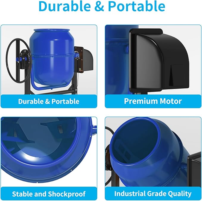 4.5 Cu.Ft. Electric Cement Mixer, 120L Dumb Portable Concrete Mixer with wheel&Stand,120V Mortar For Concreat,Mortar,Feeds and Seeds, Blue