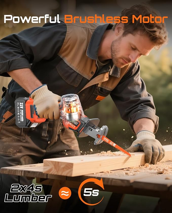 Cordless Reciprocating Saw With 8 Blades – 2×4000mAh Batteries, Brushless Motor, Variable Speed 0‑3200 SPM, Tool‑Free Blade Change, Power Reciprocating Saw for PVC Wood, Metal Cutting DIY