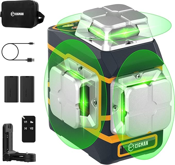 CIGMAN Laser Level CM-801 Laser Level Self Leveling 3x360째3D Green Cross Line for Decoration and Picture Hanging with Two Rechargeable Batteries, Remote Controller and Magnetic L-Shaped Bracket