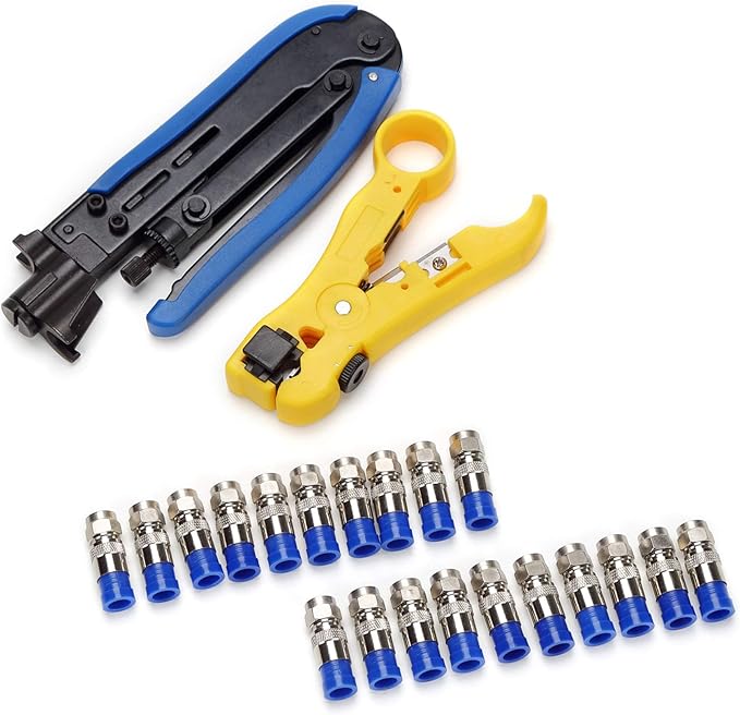 TLS.eagle Coax Cable Crimper Coaxial Compression Tool Kit Adjustable Wire Stripper with F RG6 RG59 RG11 RG7 Pack of 20 Blue