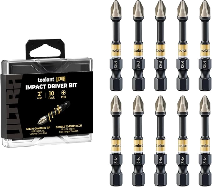 toolant 2 Inch Phillips Bit#2, Magnetic Anti Slip Impact Screwdriver Bits Set, 10pcs Impact Steel X2 PH2 Driver Dit Set with CNC Machined Tips for Impact Driver