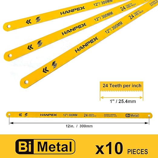Hacksaw Replacement Blades (10 Pack) High Speed 24 TPI - 12" Length Hack Saw Blade - Bi-Metal HSS Cutting Blades