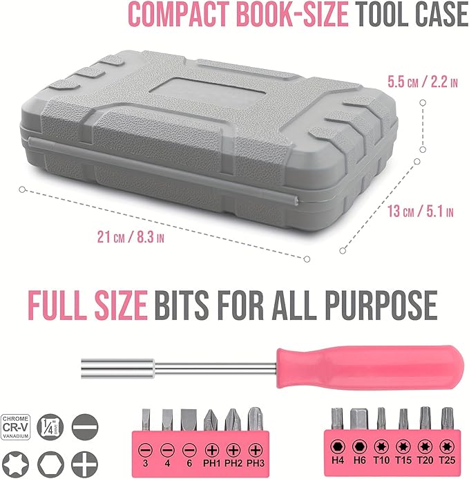 LIRFIX 24Pcs Pink Home Repair Tool Kit for Women - Compact Mini Starter Hardware Set with Hammer, Pliers, Screwdrivers - Portable Household Hand Tools, Ideal Christmas & New Year Gift for Ladies