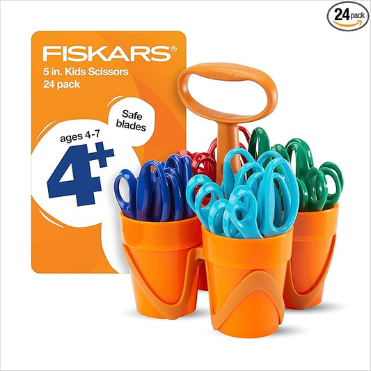 Fiskars 5" Blunt-Tip Scissors Classpack for Kids Ages 4-7 with Art Caddy Organizer (24-Pack), Kids Scissors for School or Crafting, Back to School Supplies, Assorted Colors