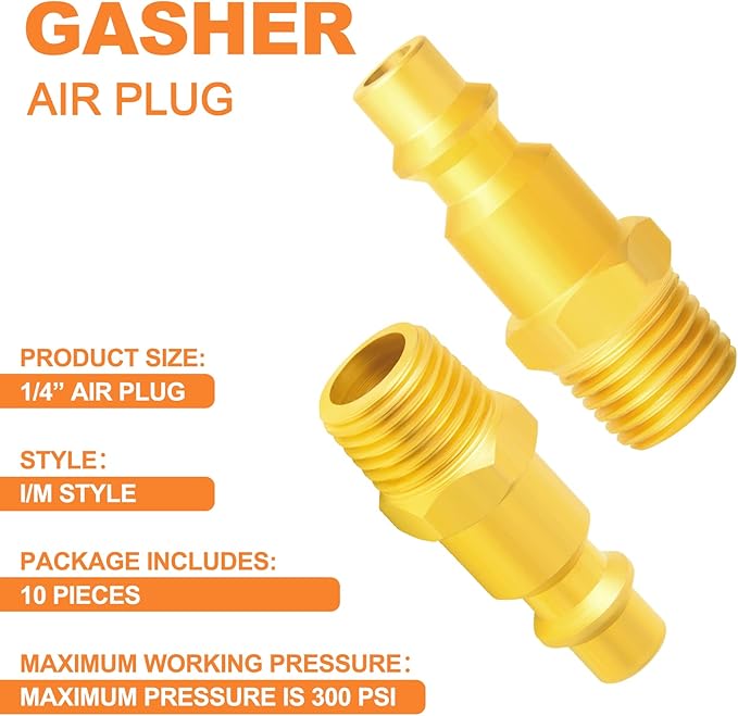 GASHER 1/4-Inch NPT Male Brass Industrial Air Plug, Pneumatic Plugs 300PSI (10-Pack)