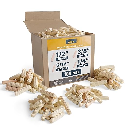 ALBO Wooden Dowel Pins 100 Pack Assorted Sizes 1/2 + 3/8 + 5/16 + 1/4 inch Fluted Wood Dowels Rods Hardwood Crafts Dowel Pegs
