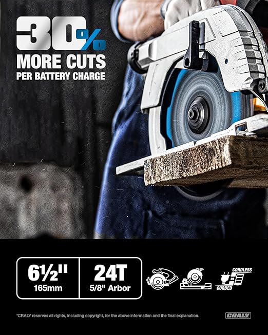 CRALY 6-1/2 Inch 24 Teeth Wood Cutting Framing Circular Saw Blade, 5/8 Inch Arbor, Carbide Tipped, Thin Kerf, Black Ice™ Coating, for Plywood, MDF, OSB, Laminated, 2-Pack(C0624FR-2)