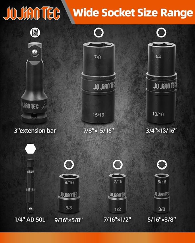 Lug Nut Impact Socket Set, Impact Driver Flip Socket, Five Sockets with 1/4-Inch Hex and 1/2-Inch Square Socket Adapters, Premium chrome vanadium Alloy Steel, with Molded Case