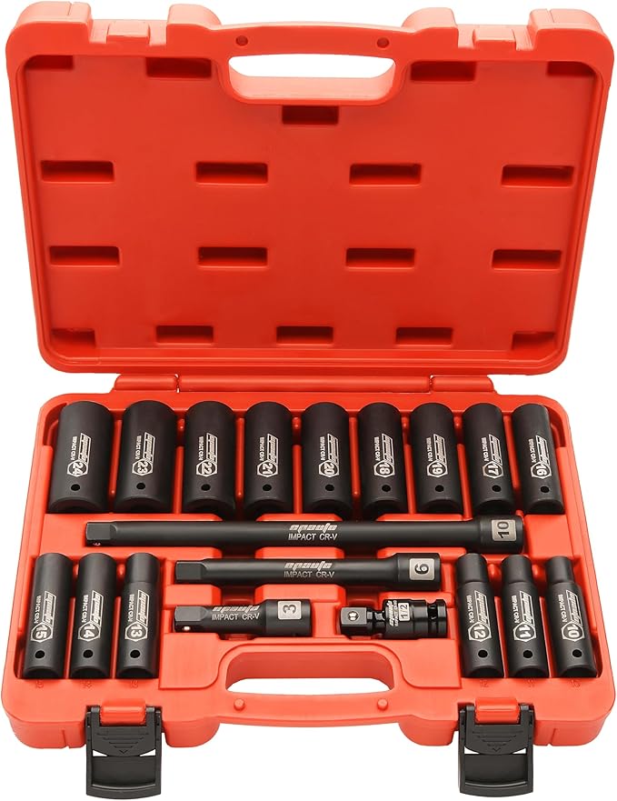 EPAuto 1/2-Inch Drive Metric (10-24 mm) Deep Impact Socket Set | Extension Bar | Universal Joint, Cr-V, 6 Points, 19 Pieces