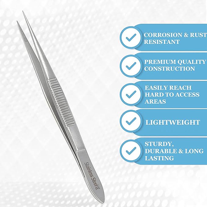 Stainless Steel High Precision Forceps with Fine Strong Straight Serrated Point to use Engineer Labware for Scientific Use (4.5 Inch)