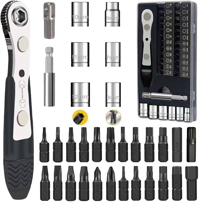 36in1 Right Angle Screwdriver Set 1/4 Mini Ratchet Wrench S2 Magnetic 1/4 Bits 90 Degree Offset Screwdriver Metric/SAE Allen Bits Dedicated to Small Spaces Home&Outdoor Portable Tools