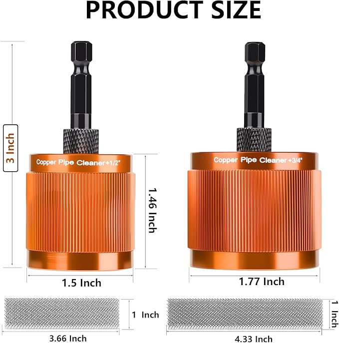 1/2" & 3/4" Copper Pipe Cleaner Set for Drill, with 1/4" Hex Shank & 10 Brush Blades Plumbing Tools for Removing Rust, Stains & Paint from Copper & Metal Pipes (Orange)