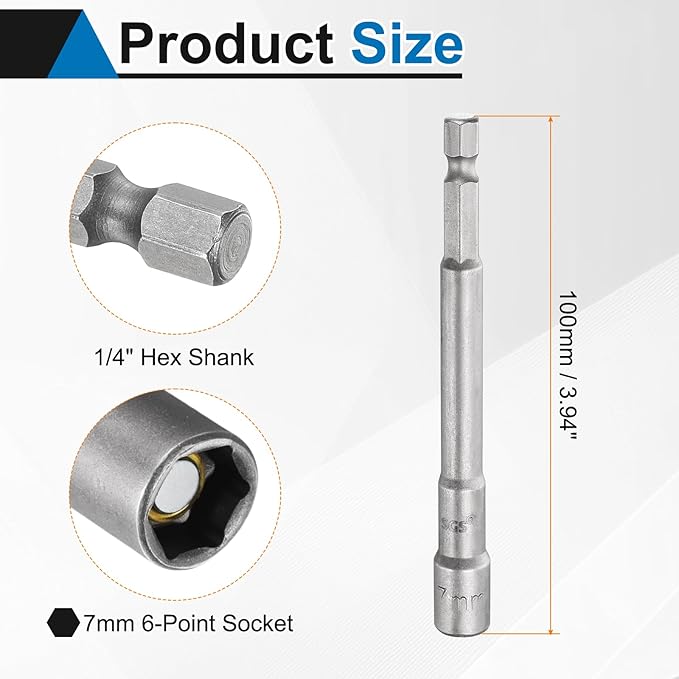 HARFINGTON 2pcs Nut Driver Drill Bit 7mm Metric Socket 1/4" Hex Shank 3.94" (100mm) Long Magnetic 6-Point Sockets Quick Change CR-V Steel Bolt Setters for Power Drill Drivers
