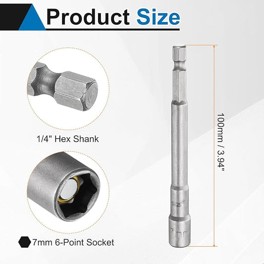HARFINGTON 2pcs Nut Driver Drill Bit 7mm Metric Socket 1/4" Hex Shank 3.94" (100mm) Long Magnetic 6-Point Sockets Quick Change CR-V Steel Bolt Setters for Power Drill Drivers