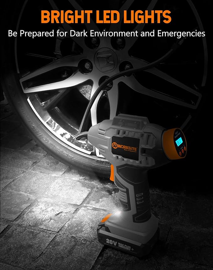 WORKSITE Cordless Tire Inflator Air Compressor,Portable Handheld Air Pump,Battery Powered Car Tire Pump with 12V Car Power Adapter Digital Pressure Gauge for Cars Motorcycles, Gray