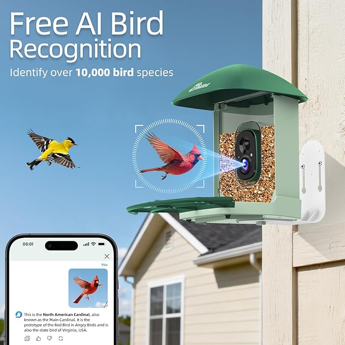 Upgraded Smart Bird Feeder with 4MP HD Camera, Birdwatching Camera with AI Identify Birds & Solar Panel for Outdoors, Auto Video Capture & Instant Notifications, Forest Green