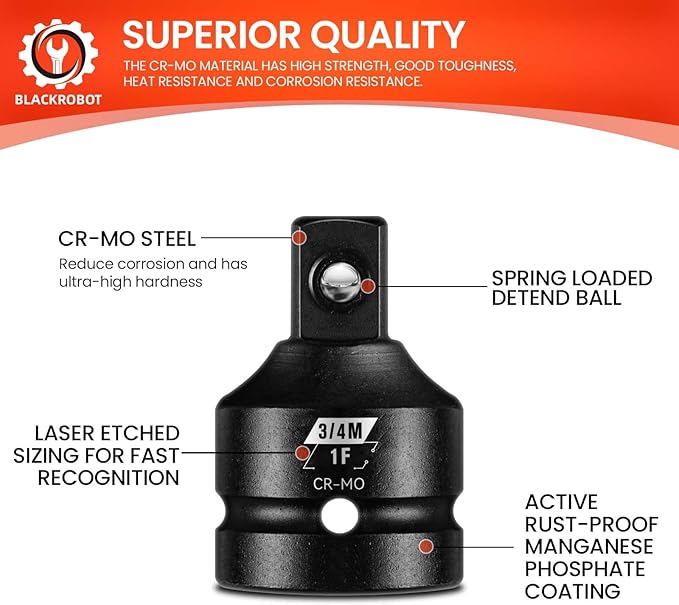 BLACKROBOT 2 Pieces 1??F To 3/4??M Impact Socket Adapter Set, SAE Drive Cr-Mo Steel Exceeds ANSI Standards, Square Drive Socket Reducer for Impact Driver Wrench