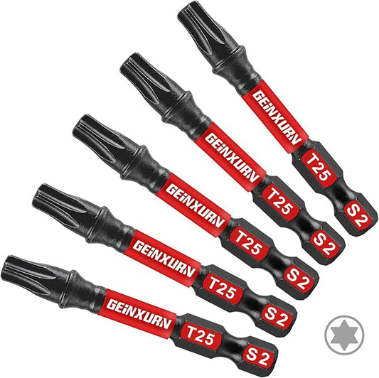 5Pieces T25 2 In. Impact Tough Magnetic Screwdriver Bit Set, #25 Torx Head Power Bits, S2 Alloy Steel Star Head T25