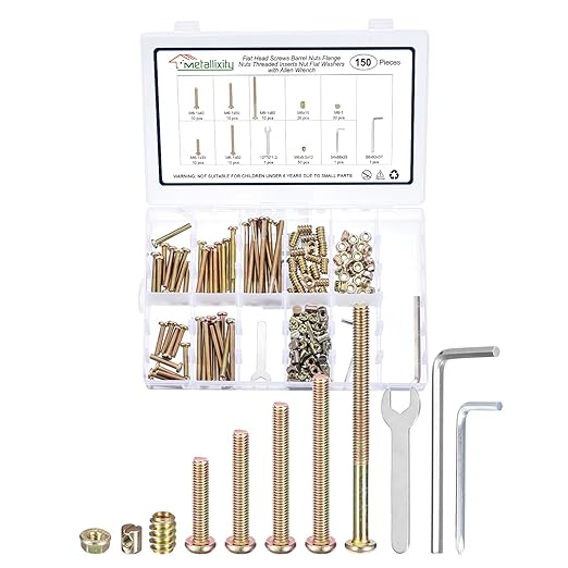 METALLIXITY Crib Screws Replacement Set(M6-1x30/40/50/60/80mm) 150Pcs, Carbon Steel Hex Socket Cap Screws with Nuts Washers and Tools for Chair Table Cabinets Furniture, Yellow