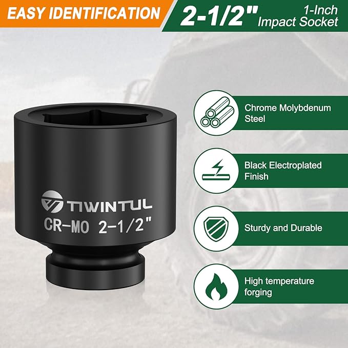 2-1/2" Impact Socket 1" Drive, 6 Point Design, CR-MO, ANSI Certified, Large & Spindle Nut Socket 1 Inch Drive for Heavy Truck, Construction, Oilfield & Equipment Service